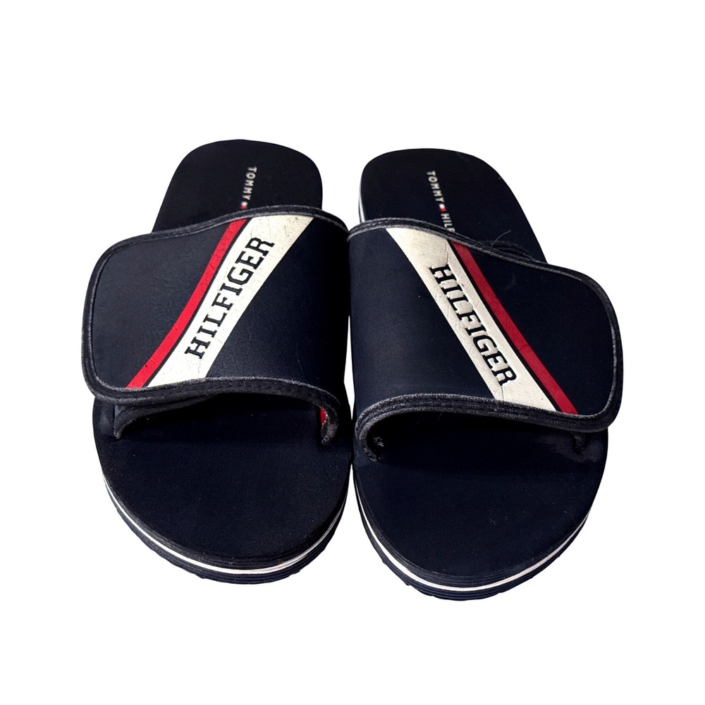 Tommy Hilfiger Navy Blue Red White Logo Adjustable Slide Sandals Mens size 9.5